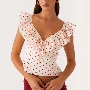 Peppermayo Cream and Red Dot Ruffle Blouse